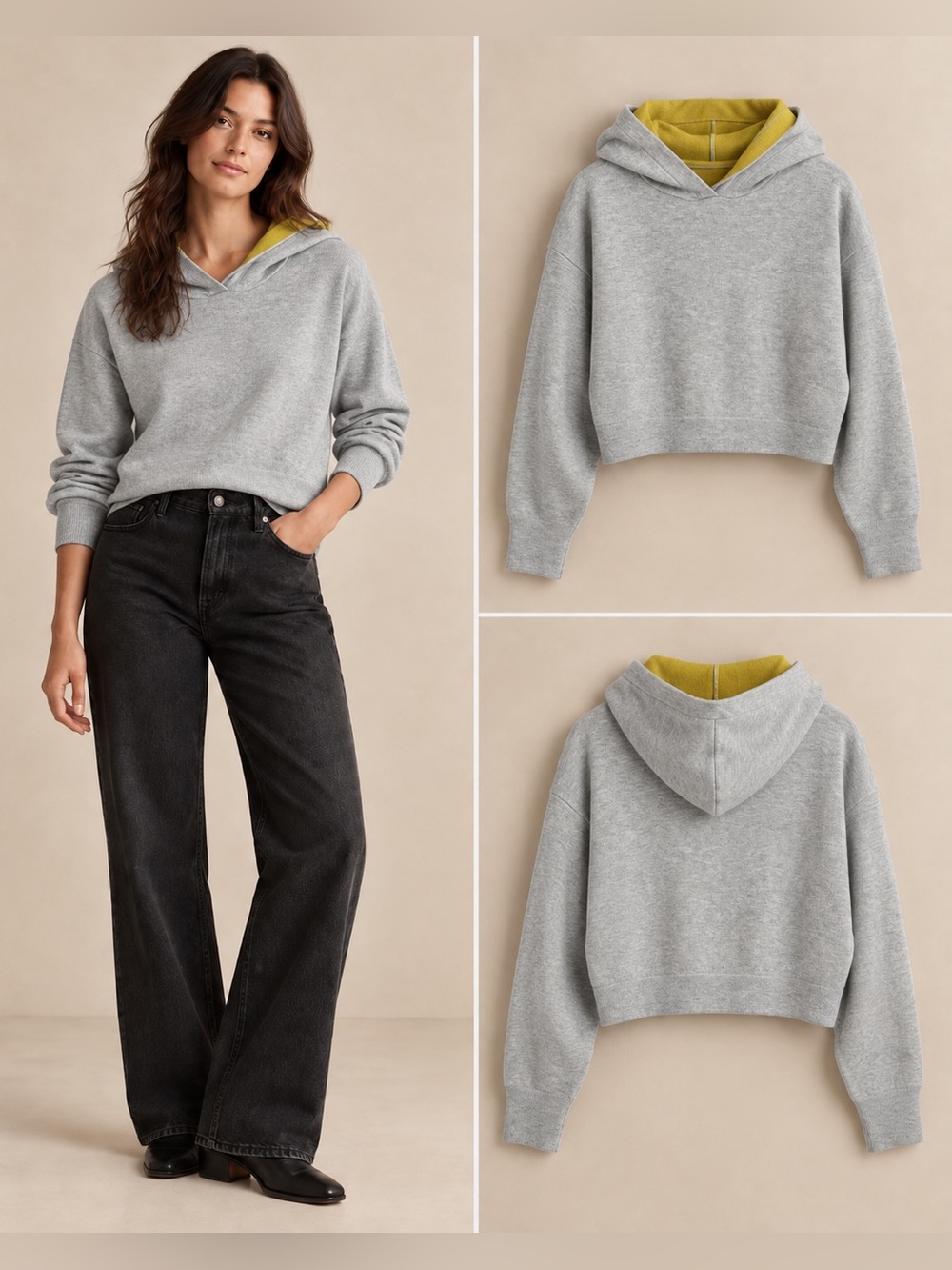 Maeve Anthropologie James Crop Hoodie Gray Chartreuse Merino Wool XS